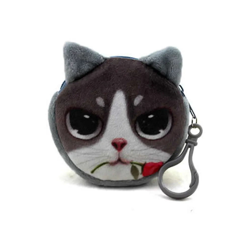 Impression 3D chat chien visage sacs dessin animé sac à main en peluche MINI porte-monnaie portefeuilles fermeture éclair clé porte-casque sacs