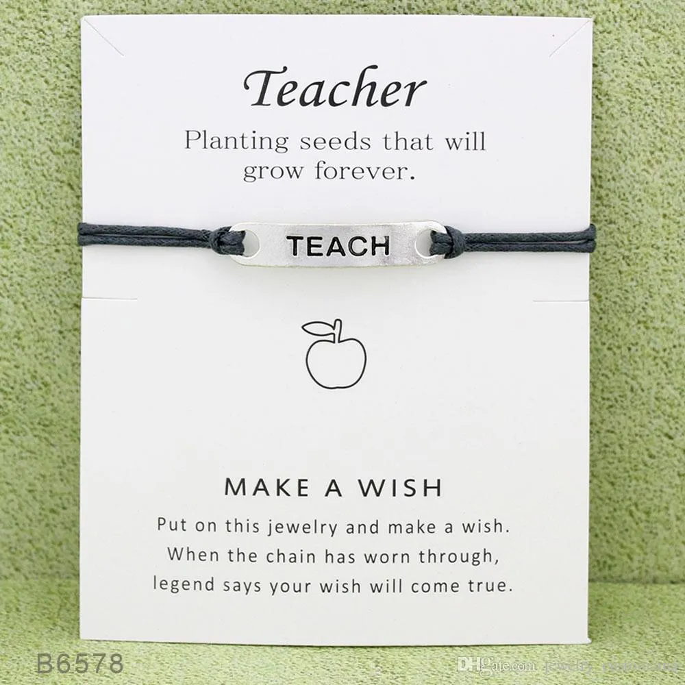 lot Silver Tone Teach Charm Bracelets Bangles for Women Girls Teacher Adjustable Friendship Statement Jewelry With Card9226044