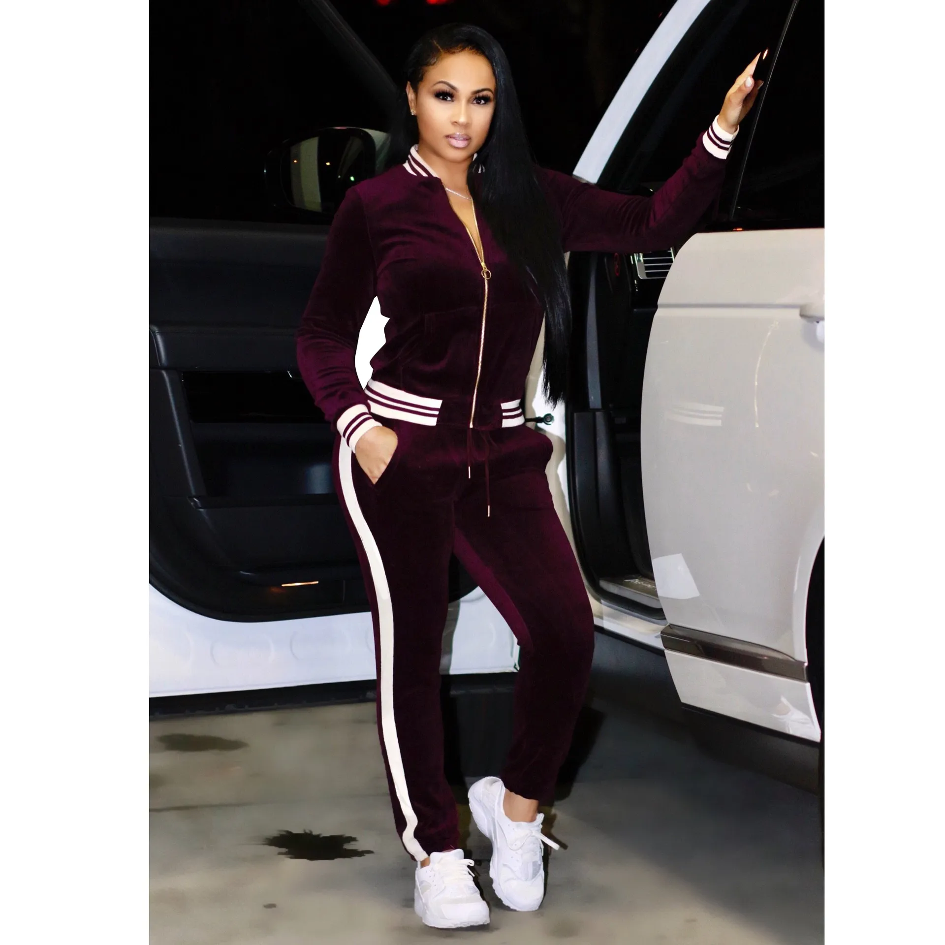 Grote maat vrouwen sport slijtage stand kraag trainingspakken sexy vrouwen casual pak rits pullover met pant jogging set