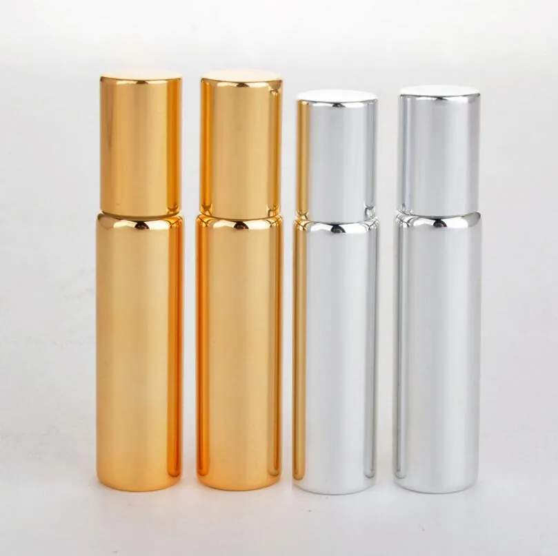 10ml Silver Gold UV Glasflaska Stålbollrulle på parfymflaskor med metallpärlor eteriska oljor diffusorer LX1217