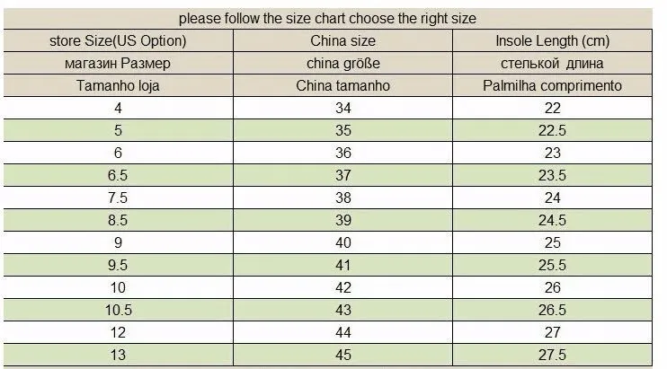 SIZE TABLE