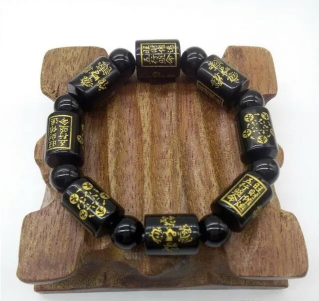 Venda por atacado - DropShipping Black Obsidian seis palavras Buddha Beads Pulseira Mão Corda Amuleto da Sorte Homens Mulheres jewerly