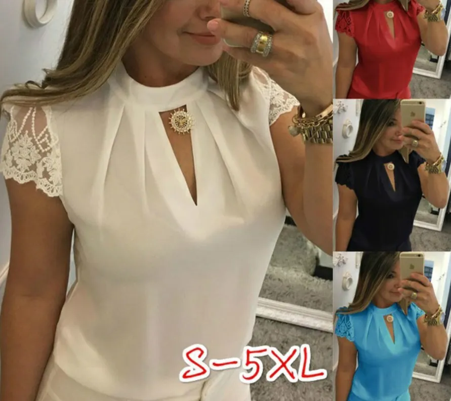 2018 Kvinnor skjorta hög krage djup v nacke tillbaka dragkedja mode spets kortärmad sömmar sticka krage blus tröja 4 färger