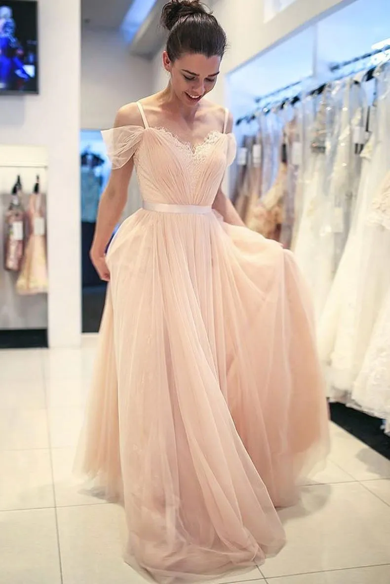 Elegant Nude Cold Shoulder Cheap Prom Dresses Tulle 2022 Lace Applique Ruched Long V neck Evening Pageant Formal Dress Gowns Plus size