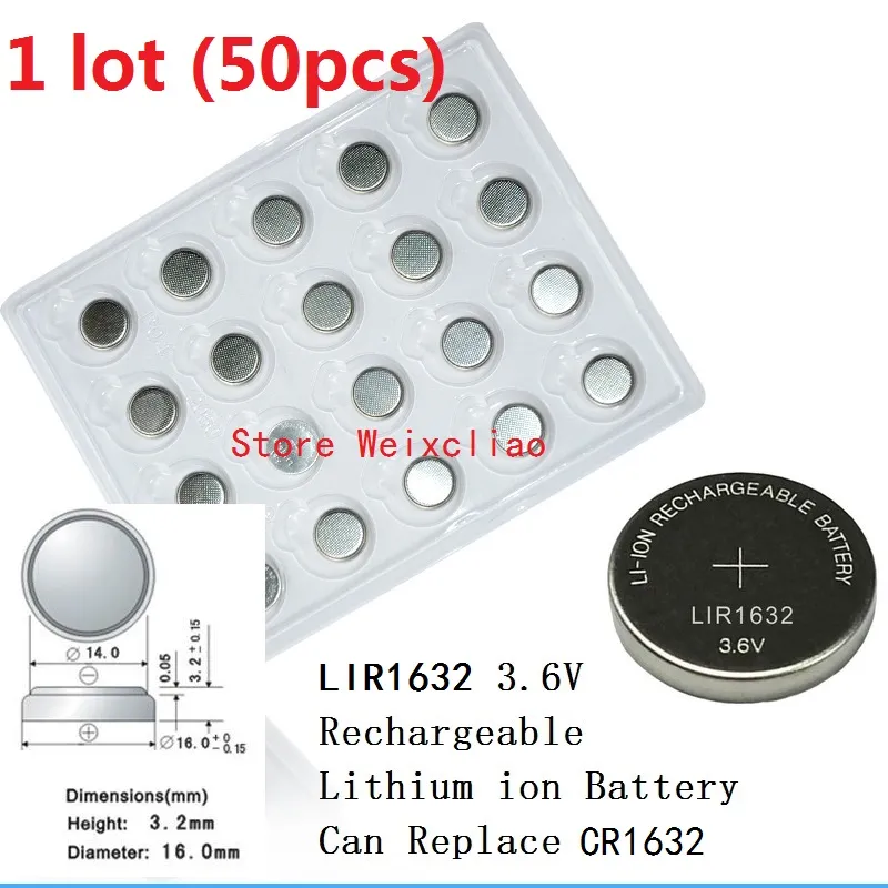 1 lote LIR1632 3.6 V bateria de íons de Lítio Li recarregável de íons de lítio 1632 3.6 Volts li-ion moeda substituir CR1632 Frete Grátis