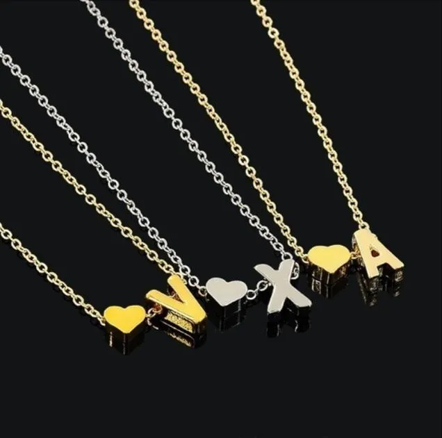 26 letters long sweater chain choker necklace tiny love heart pendants for women collier lovers gift gold silver A-J