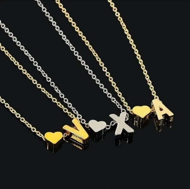 26 letters long sweater chain choker pendant necklace tiny love heart pendants for women collier lovers gift gold silver P-T