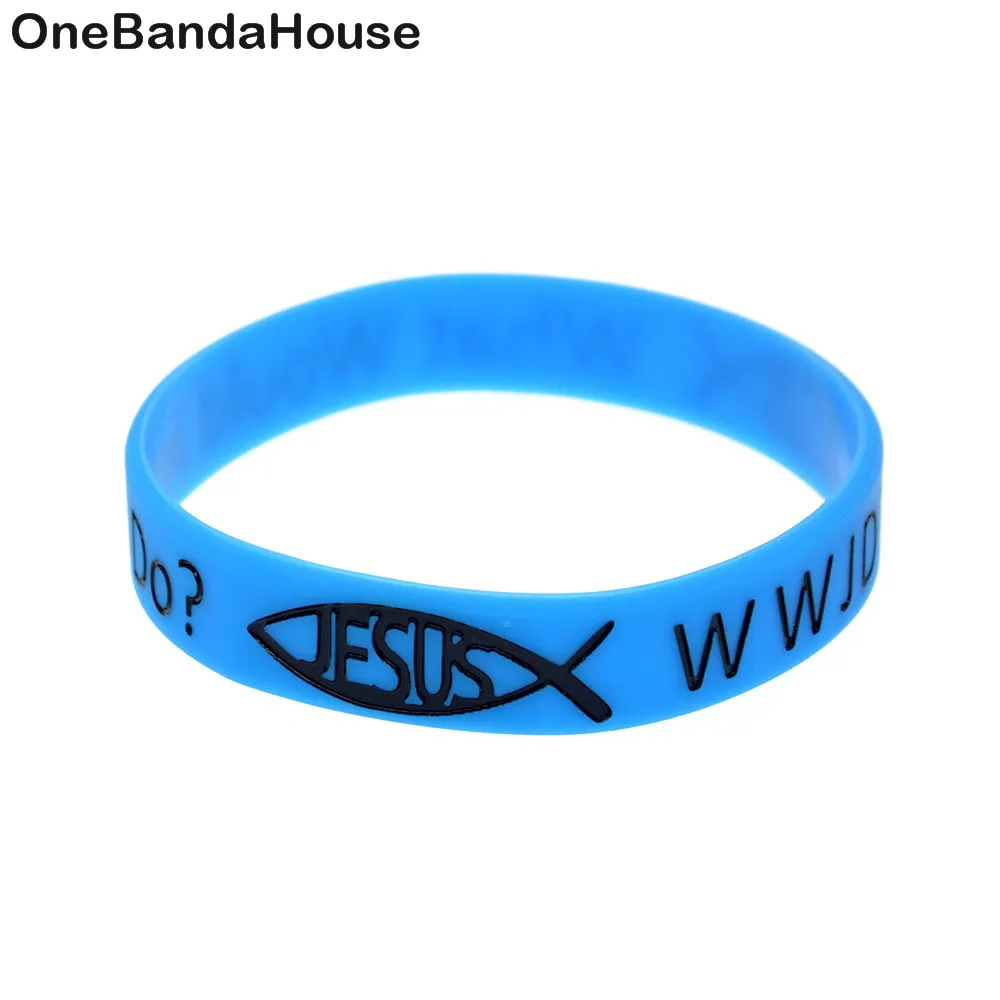 1pc WWJD Wat zal Jezus doen met Fish Logo Siliconen Rubber Polsband Volwassen maat 2 kleuren