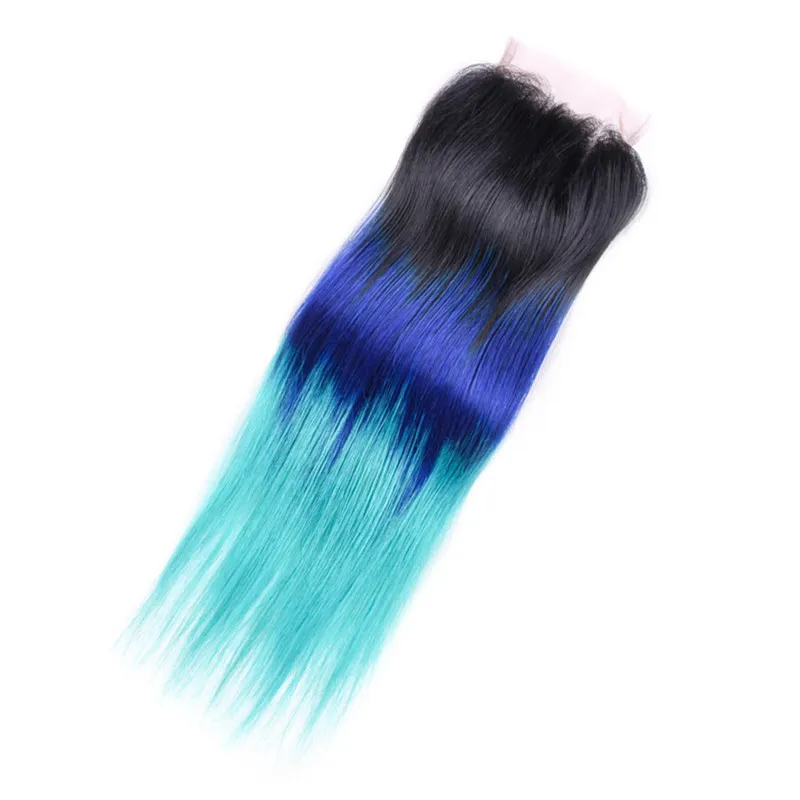 # 1B / Bleu / Vert Ombre Cheveux Vierges Brésiliens Tisse avec Fermeture Droite Trois Tons Ombre Cheveux Humains 3 Bundles avec 4x4 Dentelle Top Fermeture