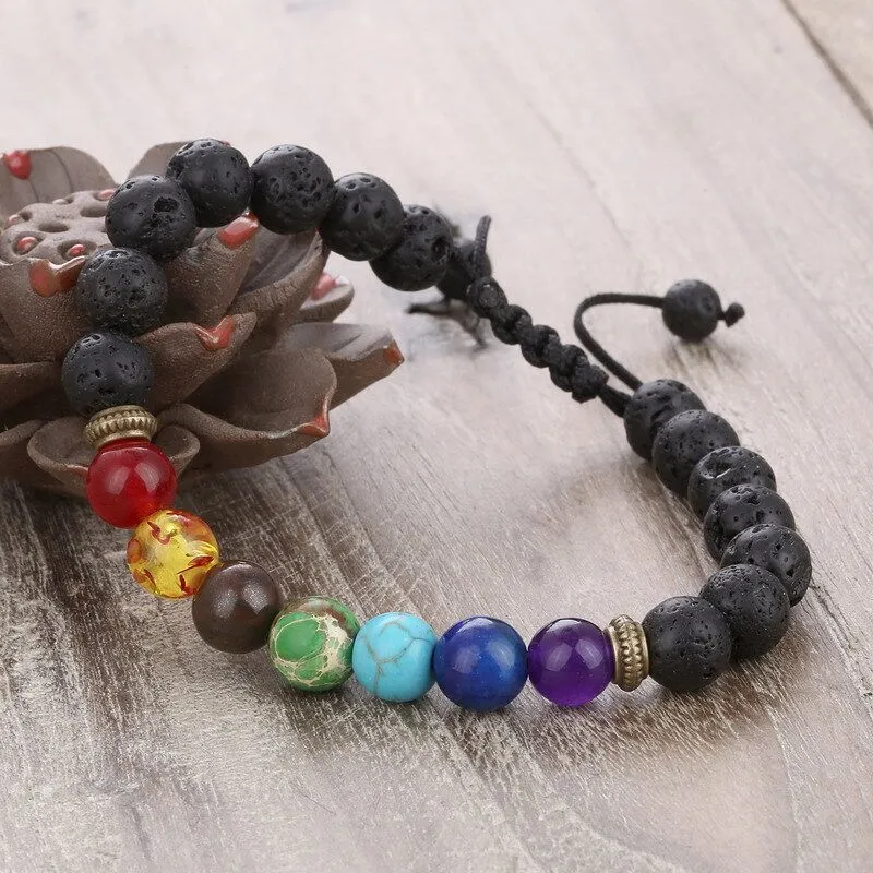 2021 Beaded Strands Seven Chakra Energy Stone Handsträng av naturlig grön och guldögon Justerbar vävd Bangle Lava-Rock Yoga armband