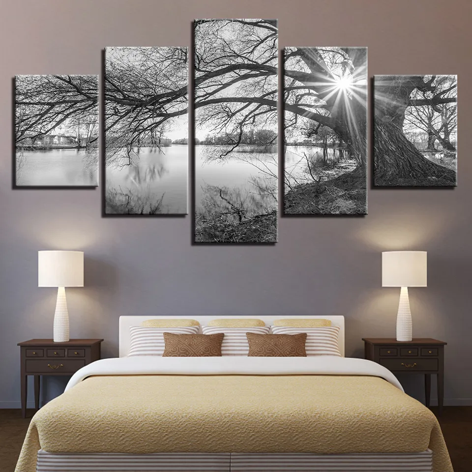 Quadri su tela soggiorno Wall Art Poster Quadro 5 pezzi Lakeside Grandi alberi Dipinti Nero Bianco Paesaggio Home Decor2052049