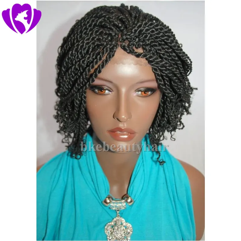 Stock Short Braided Lace Front Wig Natural Black Kinky Twist Tip Braid Synthetic Wig For American Black Women