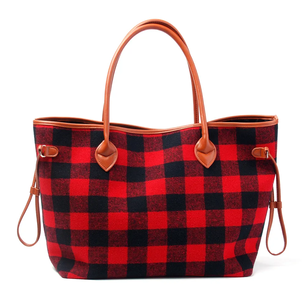 Buffalo Ekose Tote Tweed Ekose Bez Çanta Bayan Büyük Weekender Çanta Kırmızı Ekose Tote ile PU Kol DOM-108377