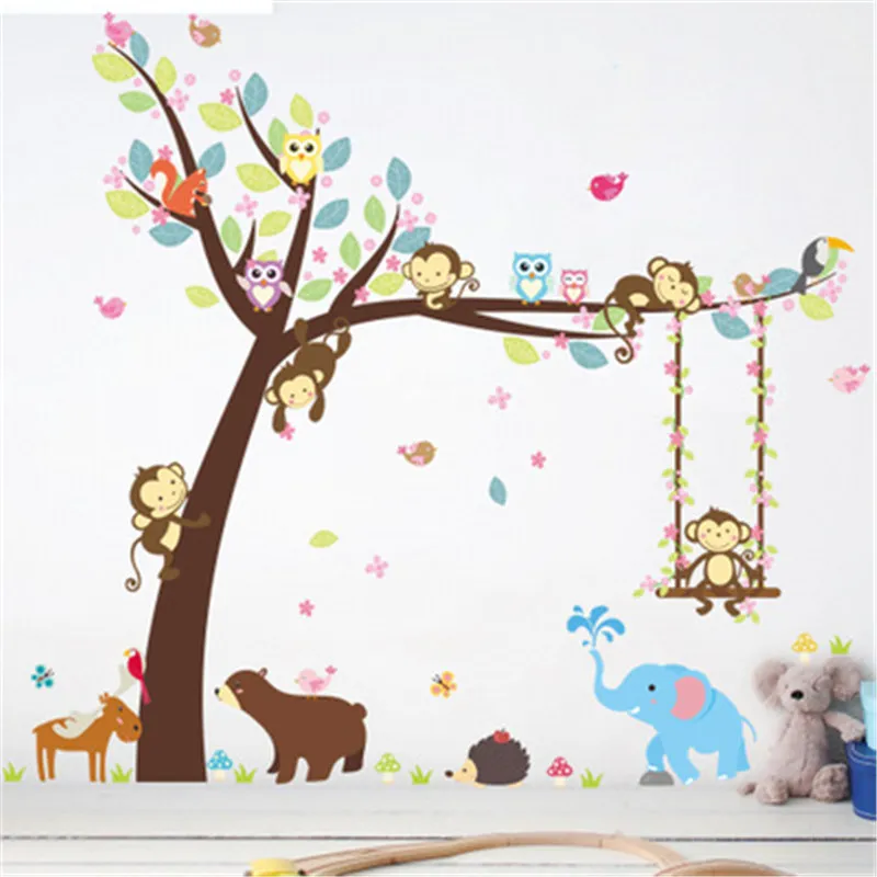 Safari Animals Wall Decals - Jungle Tree With Giraffe, Lion, Fox Nursery Wall Stickers