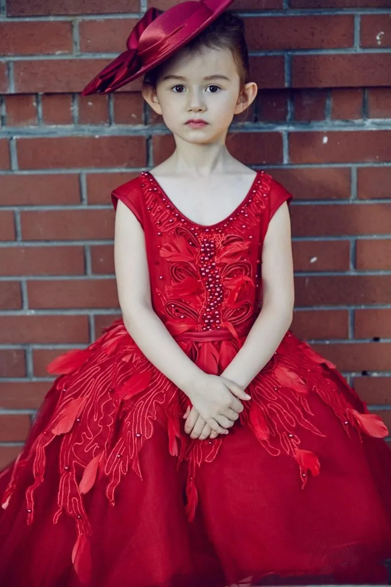 2019 Novo Vermelho Escuro Flor Meninas Vestidos Para Casamentos Rendas Apliques de Pérolas vestido de Baile Alta Baixa Aberta de Volta Aniversário Da Menina do Comunhão Pageant Vestidos