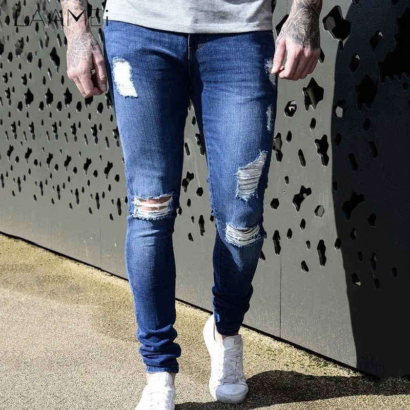 Laamei Mäns Mode Jeans Hole Sommar Spring Lätt Byxor Lång Penna Byxor Slim Solid Färg Pius Storlek Byxor 2018 Ny