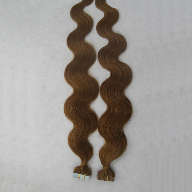 # 10 Golden Brown Tape In Hair 100g 2.5g / pc Paquetes de cabello ondulado del cuerpo Tejidos Cinta de PU en extensiones de cabello 