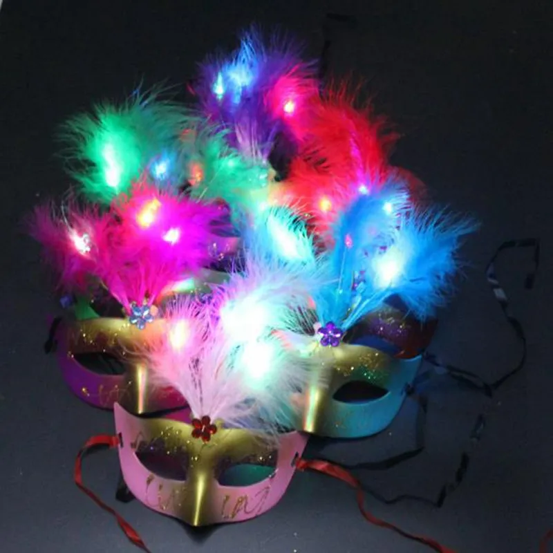 Máscara Do Partido Da Pena do DIODO EMISSOR de Luz Handmade Venetian Masquerade Máscaras de Festa de Dança Novidade Encantando Máscaras de Natal Máscara de Pena de Halloween