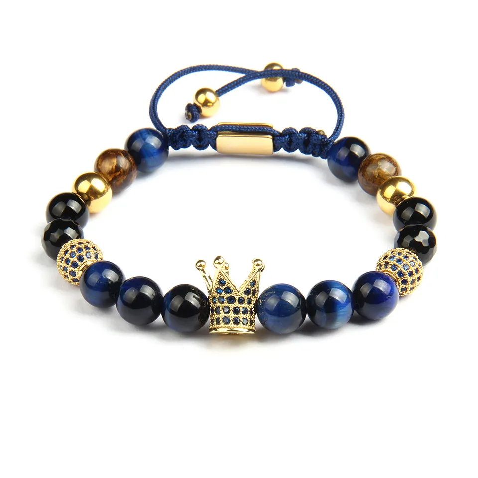 Blå CZ Crown Men Armband Partihandel 8mm Naturlig Tiger Ögonsten Pärlor Macrame Smycken Med Rostfritt Stål Pärlor