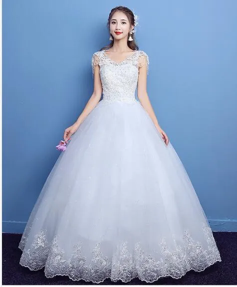 韓国レースVネックビーズビンテージウェディングドレス2018新しいファッションエレガントな王女アップリケガウンカスタマイズブライダルドレス