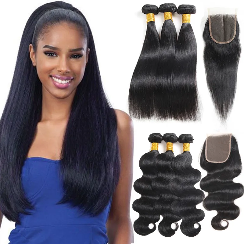 8a 10a Straight Brasilianska Virgin Hair With Closure Extensions 3 Bundlar Brasilianska Body Wave With Frontal Obehandlat Remy Human Hair Weave