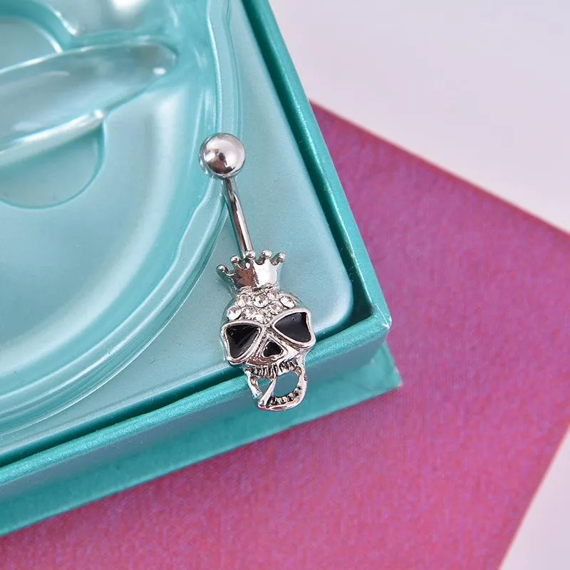 316L Surgical Steel Enchanted Crown Skull Navel Ring Clear Rhinestone Crystal Navel Bars / Belly Button Ring