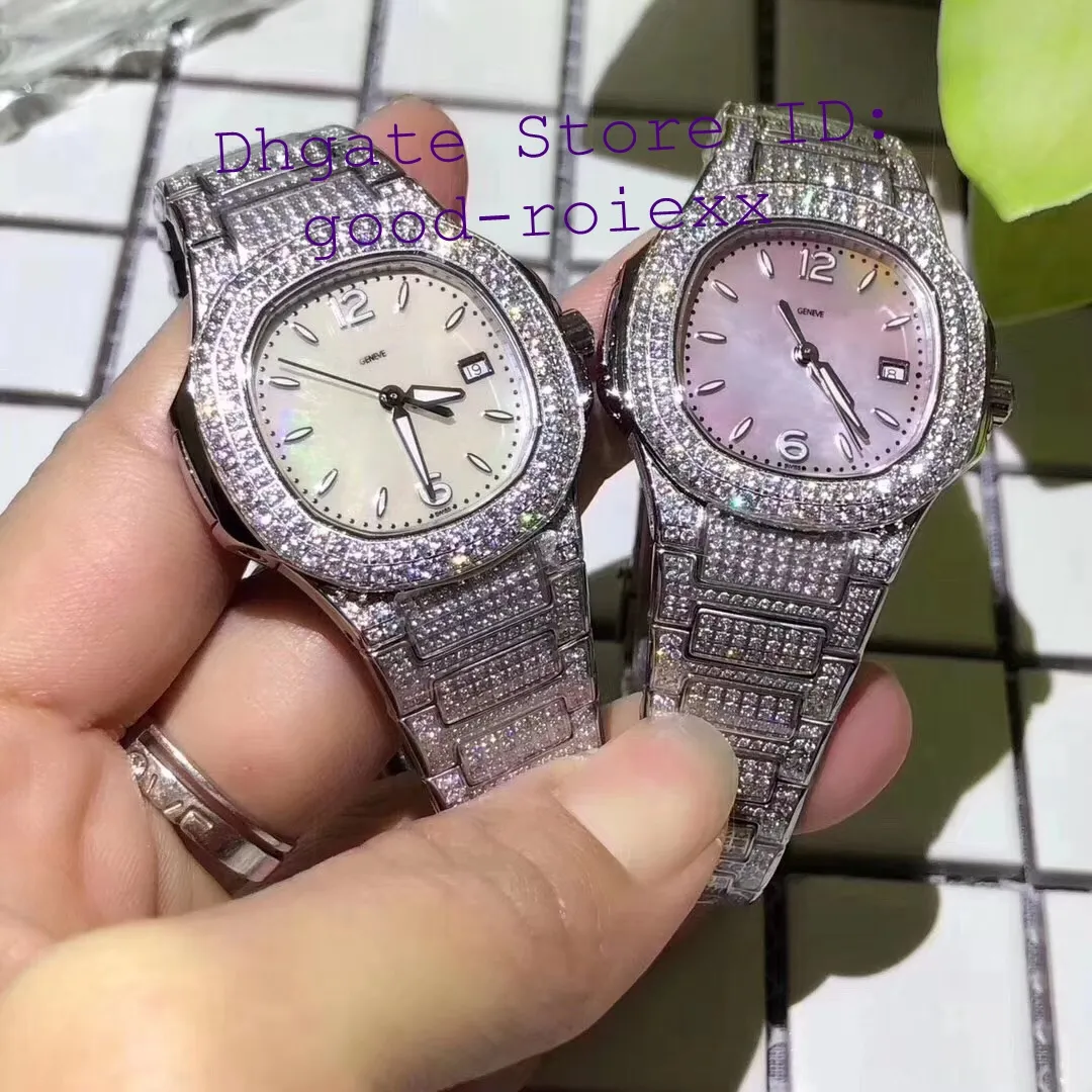 Montres de luxe pour femmes Quartz Ronda Cal.585 Eta Montre pour femme Full Pave Bling Diamond Case Bracelet Mother Pearl Dial 33mm Montres-bracelets