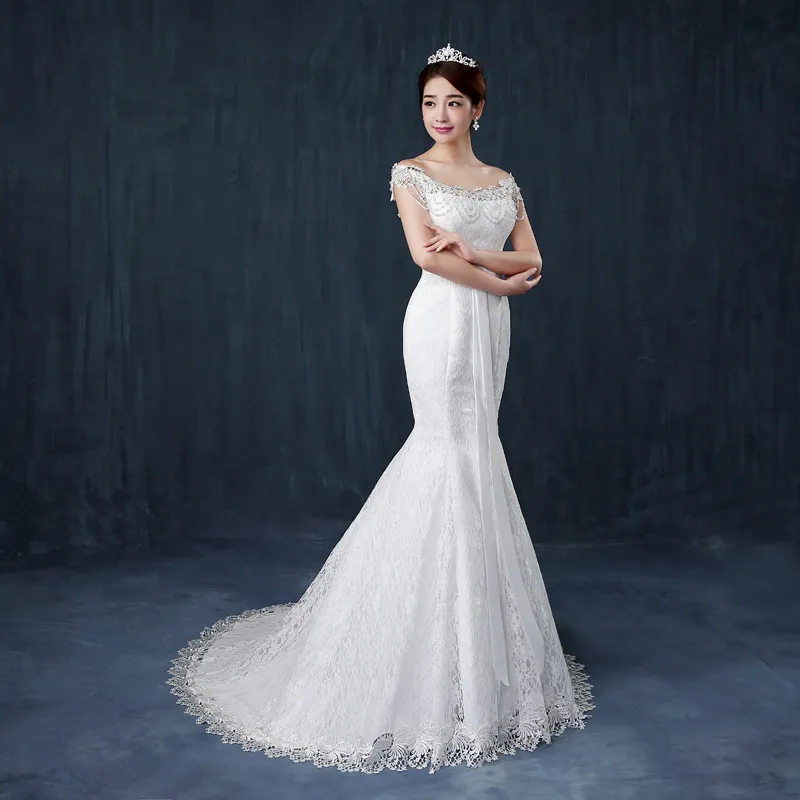 High-grade Mermaid court train 2018 New Design White Lace Princess Bead Wedding Frocks Bridal Ball Gowns Wedding