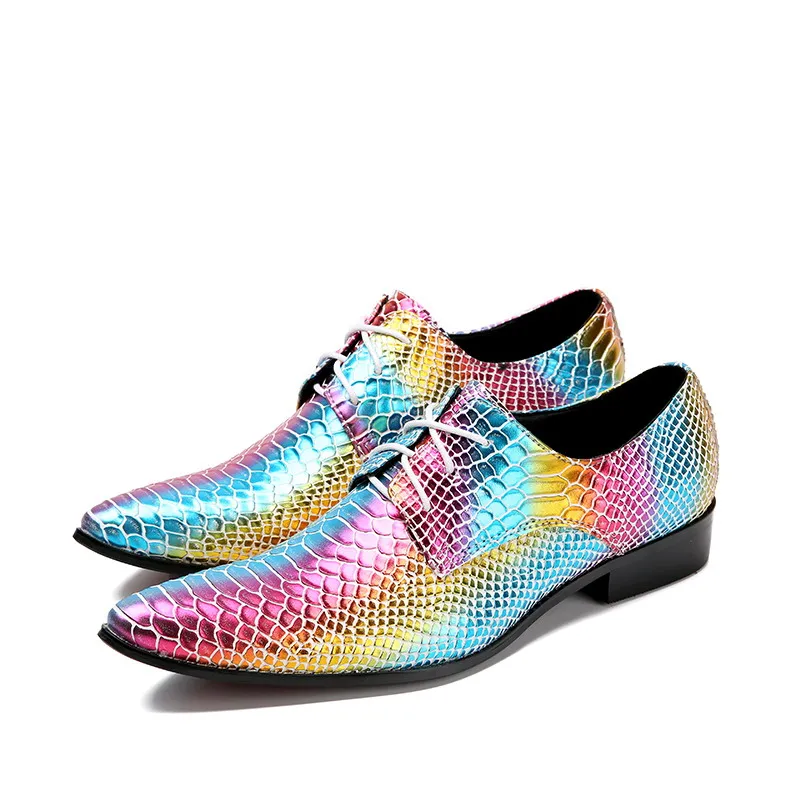 Men Derby Shoes Leather Shoes Fashion Pointed Toe Rainbow Python Snake ...