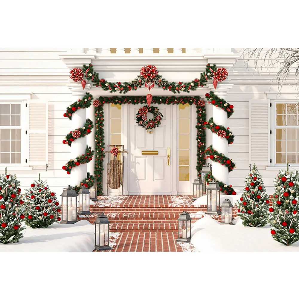 Front Door Winter Christmas Party Background Printed Garland Vines Entangled Pillars Red Balls Pine Trees Kids Photo Backdrops