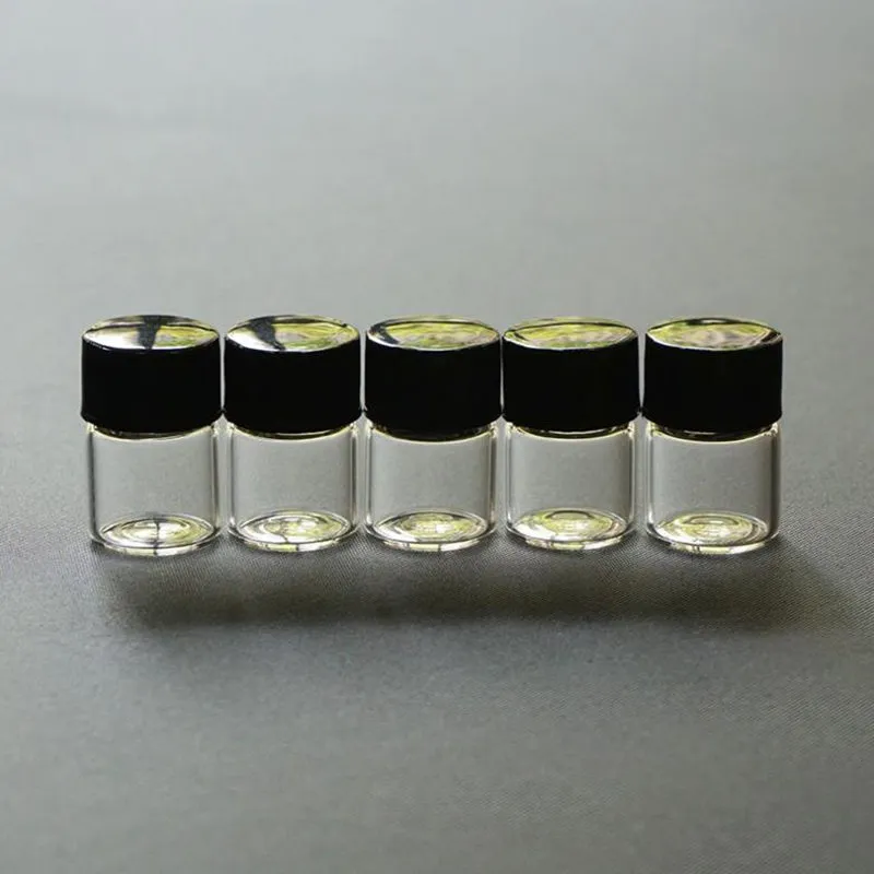 1ml 2ml 3ml Fiala di vetro olio essenziale Piccola bottiglia di vetro profumo campione, contenitore esposizione di olio con tappo nero F445