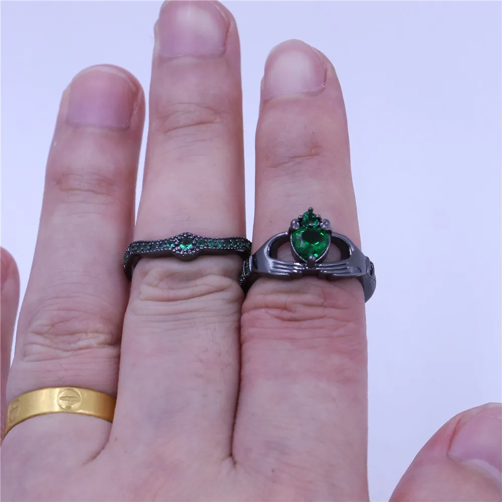 Nouvelle bague claddagh bijoux de pierre de naissance anneaux de mariage ensemble pour les femmes vert 5A Zircon Cz noir or rempli femme fête Ring279B