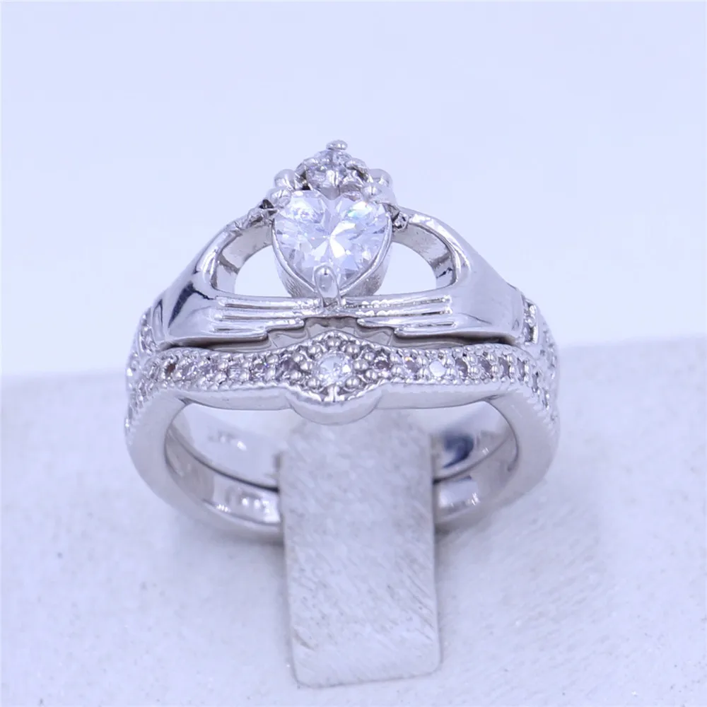 Couple claddagh bague Diamonique bijoux bagues de mariage ensemble pour femmes coeur 5A Cz or blanc rempli femme bague de fête