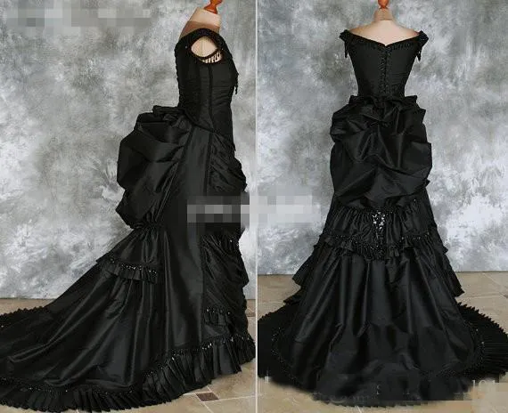 Siyah Gotik Gelinlik 2018 Kapalı Omuz Ruffles Kristaller Saten Şapel Tren Kostüm Elbise Dantel Victorian Gelinlikler Custom Made