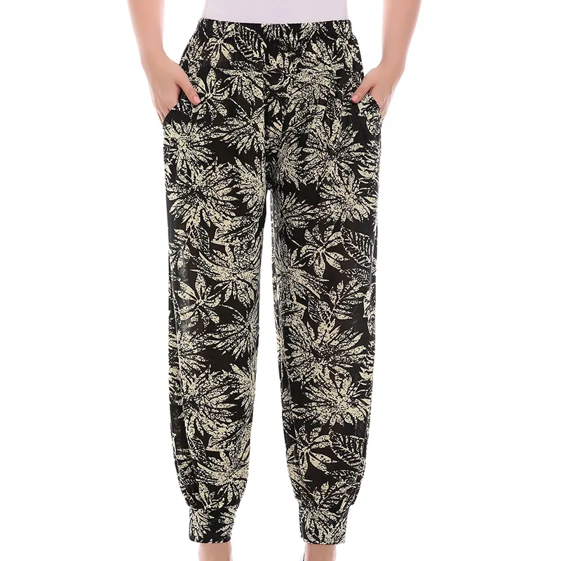 SNOW PINNACLE Women Harem Pants Summer Elastic Waist Loose Colorful Floral Print Ankle-length pants trousers 50-80kg 