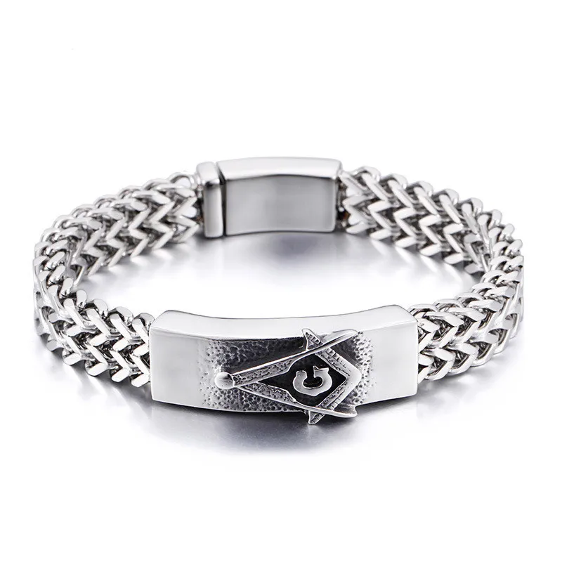 Ny 316L rostfritt stål frimurer Signet Link Chain Armband Freemason Bangles Free Mason Men's Retro Silver Punk Chain Fraternal Armband smycken