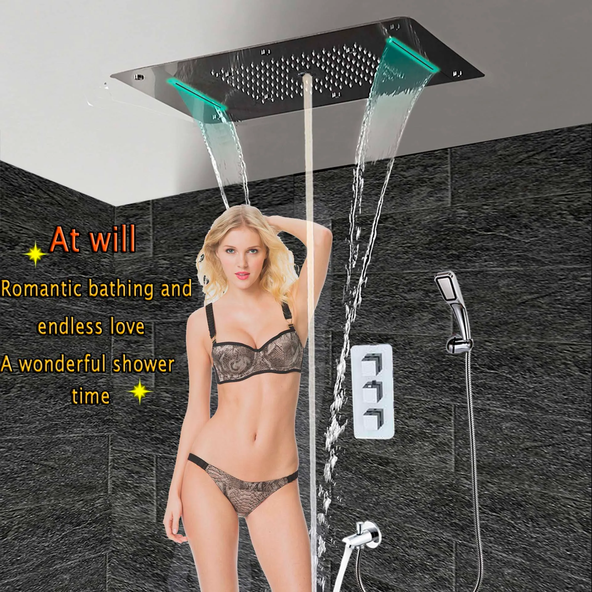 Baignoire robinet de douche dissimulée mélangeur thermostatique panneau mural de laiton de bec de bec de bec robinet de douche LED Plafond housse de pluie cascade spa Ducha