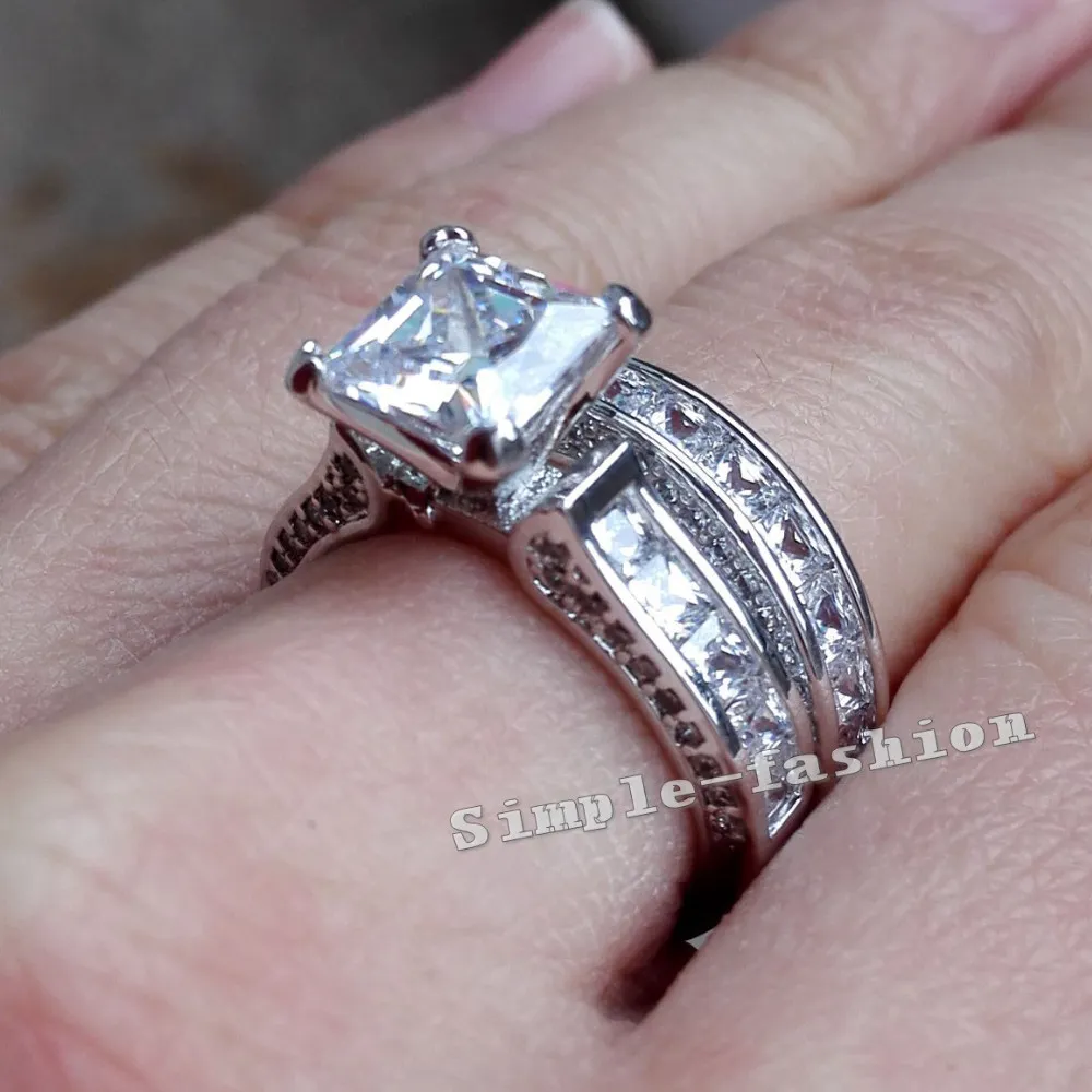 Choucong mulheres moda jóias princesa corte 2ct diamante branco ouro enchido noivado casamento banda conjunto de anel