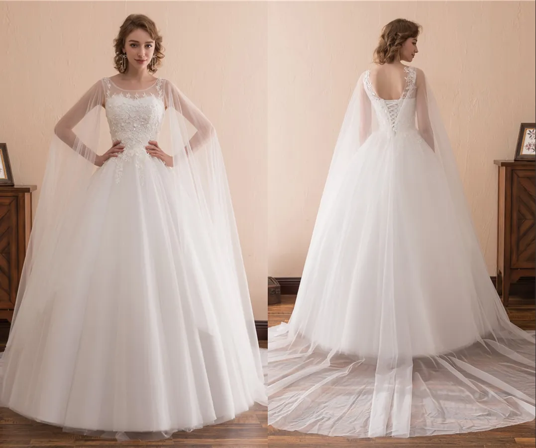 Robes élégantes col rond avec Appliques et envelopper une ligne Tulle longues robes de mariée de fête de mariage pour les femmes robes de mariée robes HY4239