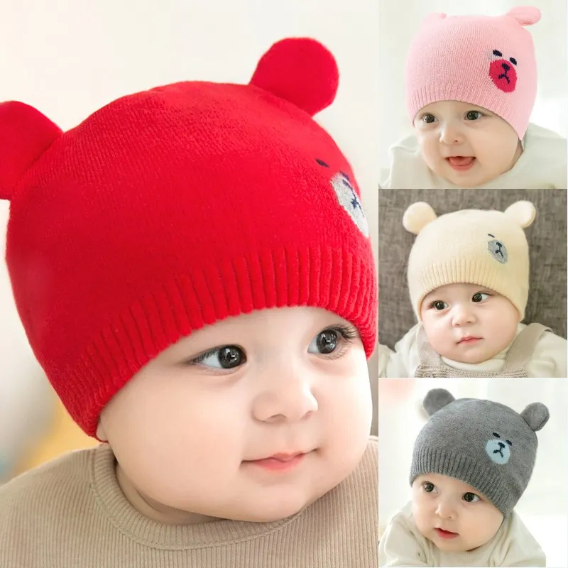 طفل محبوك الدافئة بيني كاب أزياء أطفال الدب الأذن القبعات الشتاء الطفل قبعة الكرتون الأذن بونيه
