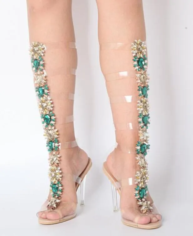 2018 nova chegada verão botas de PVC claro botas de salto gladiador sandálias de diamante botas de salto alto partido botas cinco tiras