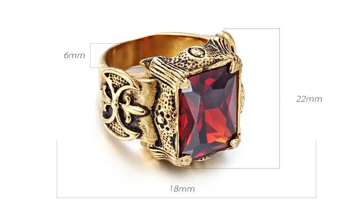 Vintage Gold Color Dragon Claw Rings Hiphop Men Stainless Steel Big Red Green Purple White CZ Zircon Crystal Stone Cross Ring Men Punk Rock Jewelry