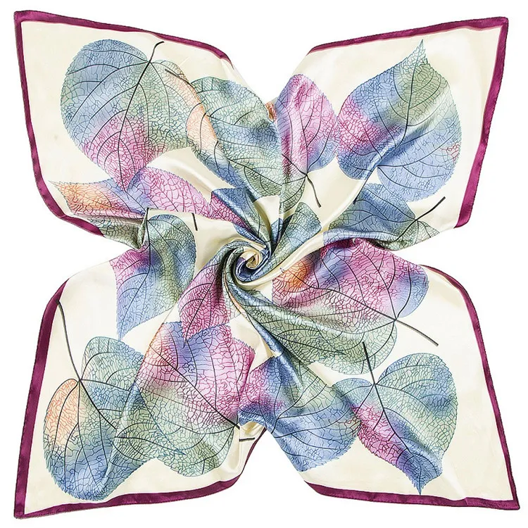 Ny Twill Silk Scarf Women Big Leaves Printing Office Bandana Fashion Silk Foulard Handkakor Kvinnliga omslag 90 cm*90 cm