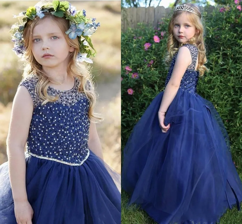 2018 Lindos vestidos de niñas de flores azul marino para bodas Cuello de joya Lentejuelas con cuentas Tul Espalda hueca Puffy Cumpleaños Niños Niña Vestidos de desfile