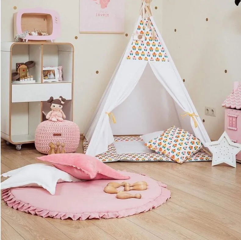 Children Baby Game Mat Solid Color Play Crawl Round Mat Cart Air-conditioned Rug Tent Bed Valance Decoration