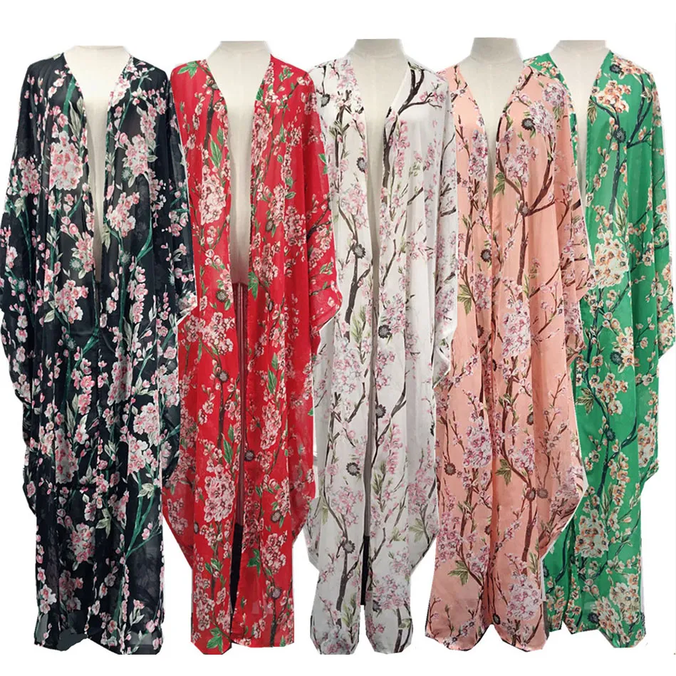 2018 Abaya Dubai Floral Print Peach Blossom Asymétrique Ramadan Caftan Marocain Eid Mubarak Vêtements Islamiques