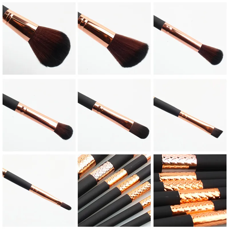 Kit de pinceaux de maquillage professionnels, 7 pièces, noir et or, poudre pour le visage, fond de teint, correcteur, fard à paupières, eye-liner, pinceaux cosmétiques, outil de maquillage avec sac en PU