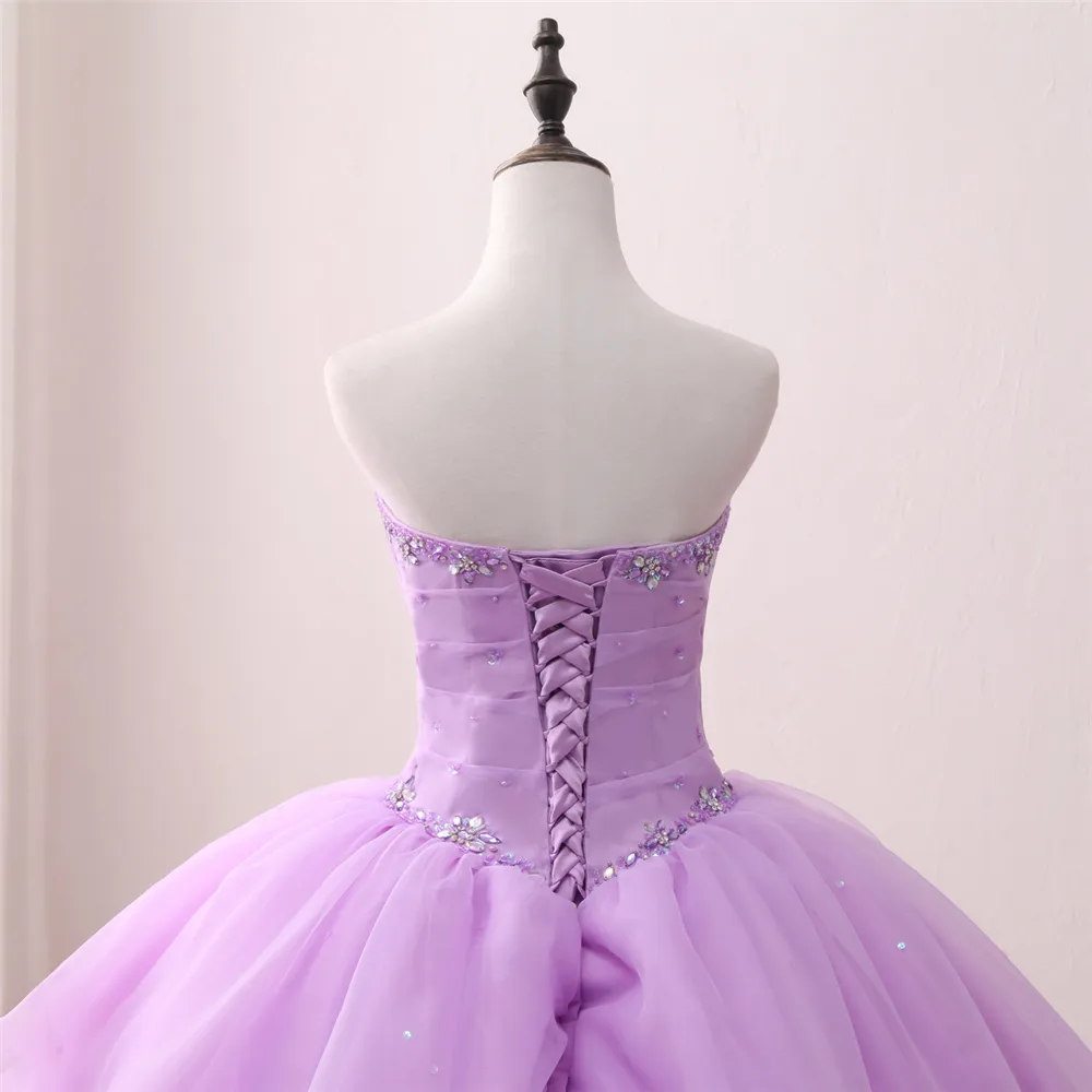 2018 Nuovo arrivato Foto reale Abito da ballo in cristallo viola Abito quinceanera con perline Organza Abito dolce 16 Vestido Abiti da debuttante BQ121