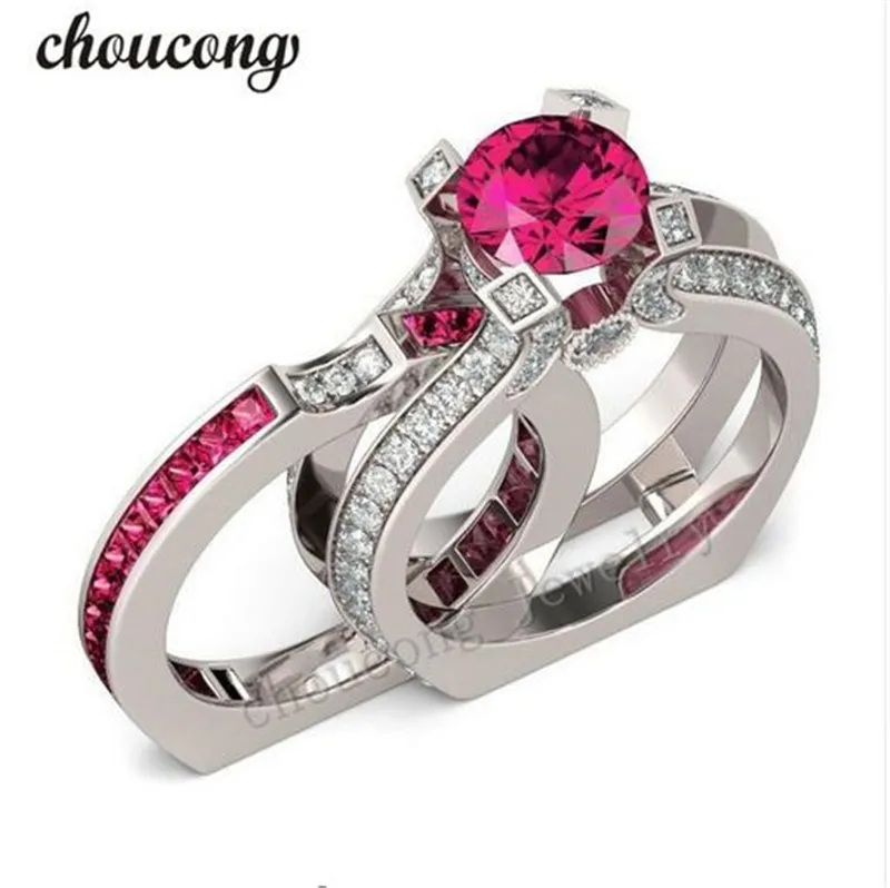 Choucong smycken röd birthstone zircon cz ring 925 sterling silver engagemang bröllop band ring för kvinnor män gåva sz 5-11