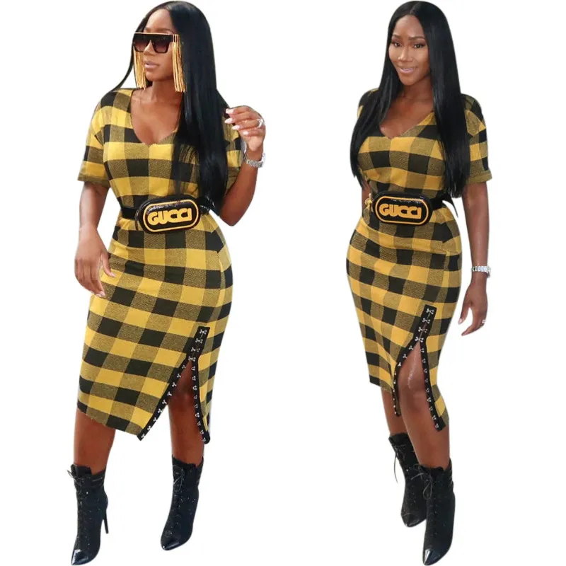 Mulheres manga curta vestidos xadrez senhora vintage tartan vestido amarelo feminino decote em v robe vestido vintage rebite split trabalho wear senhoras vestido lápis